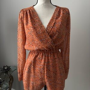 Orange Patterned Long Sleeve Romper